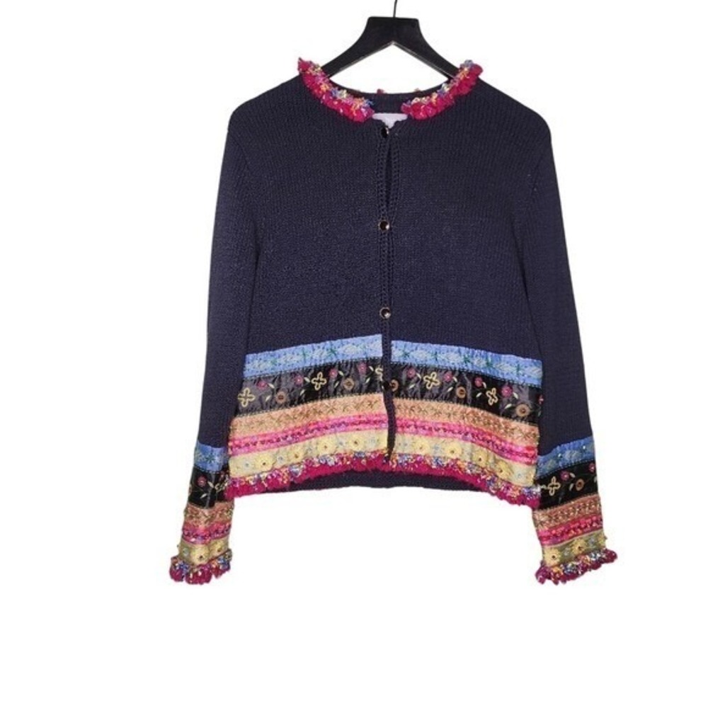 Vintage 90s Boho Cardigan Sweater Embroidered Button Fringe Floral Ann Trinity